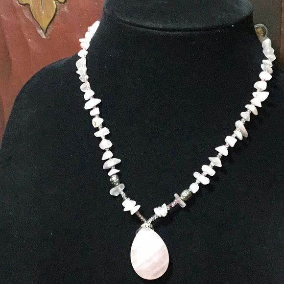 Semiprecious Stone Rose Quartz Crystal Pendant Necklace 17”L Barrel Roller Clasp - Picture 2 of 9